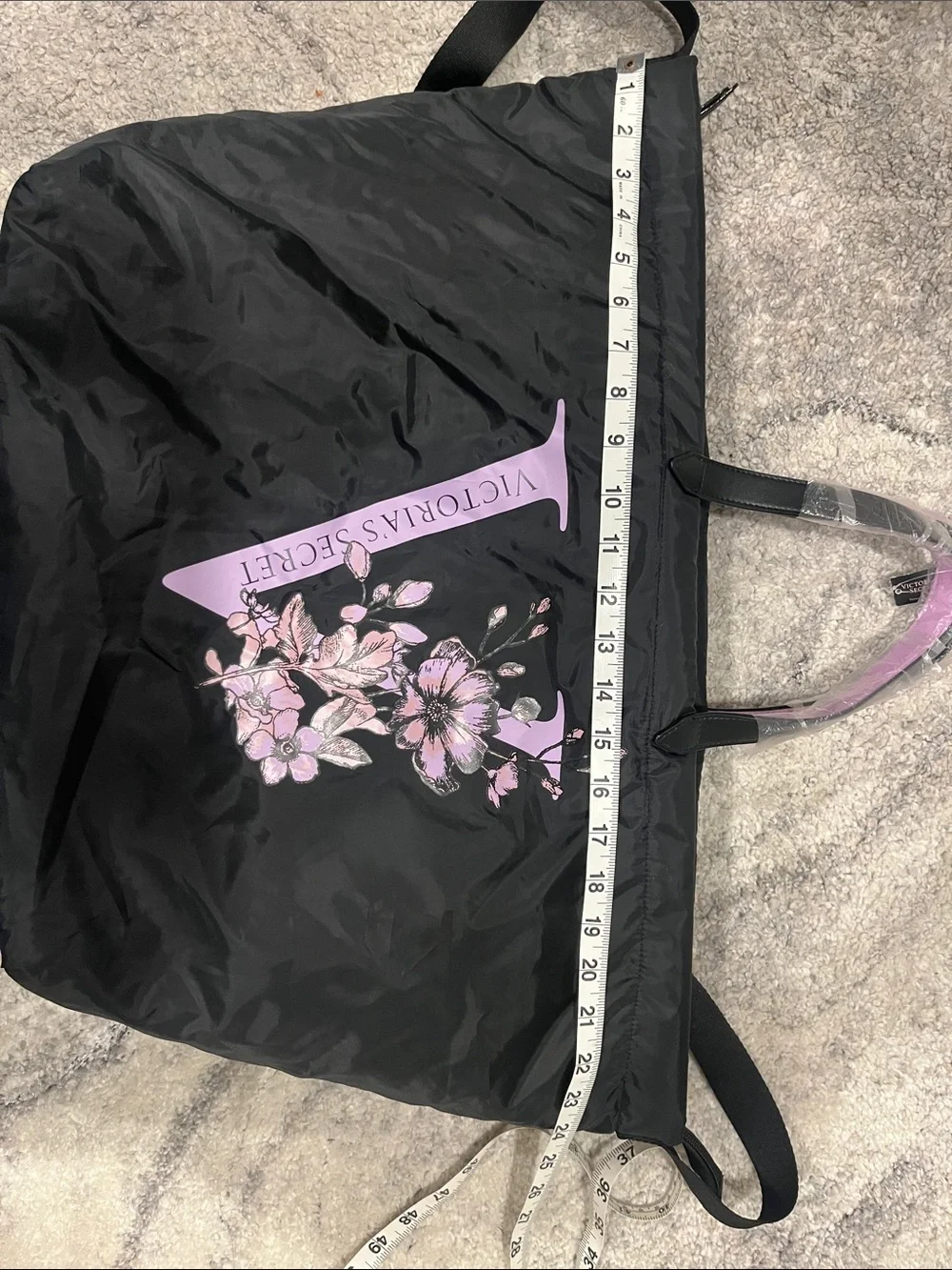 Victoria's Secret Black Tote with Light Pink Floral Logo and Pink Handles
